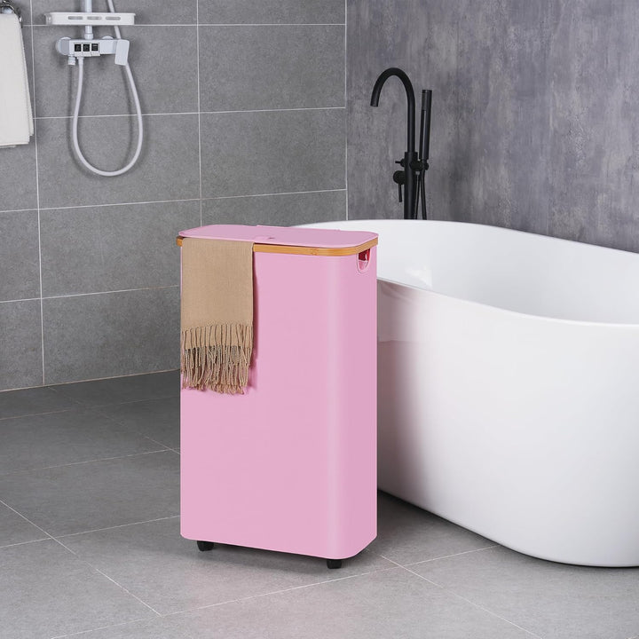 efluky Wäschekorb mit Rollen, 75L Faltbarer Wäschekorb mit Deckel, Rosa Schlanker Wäschebehälter mit