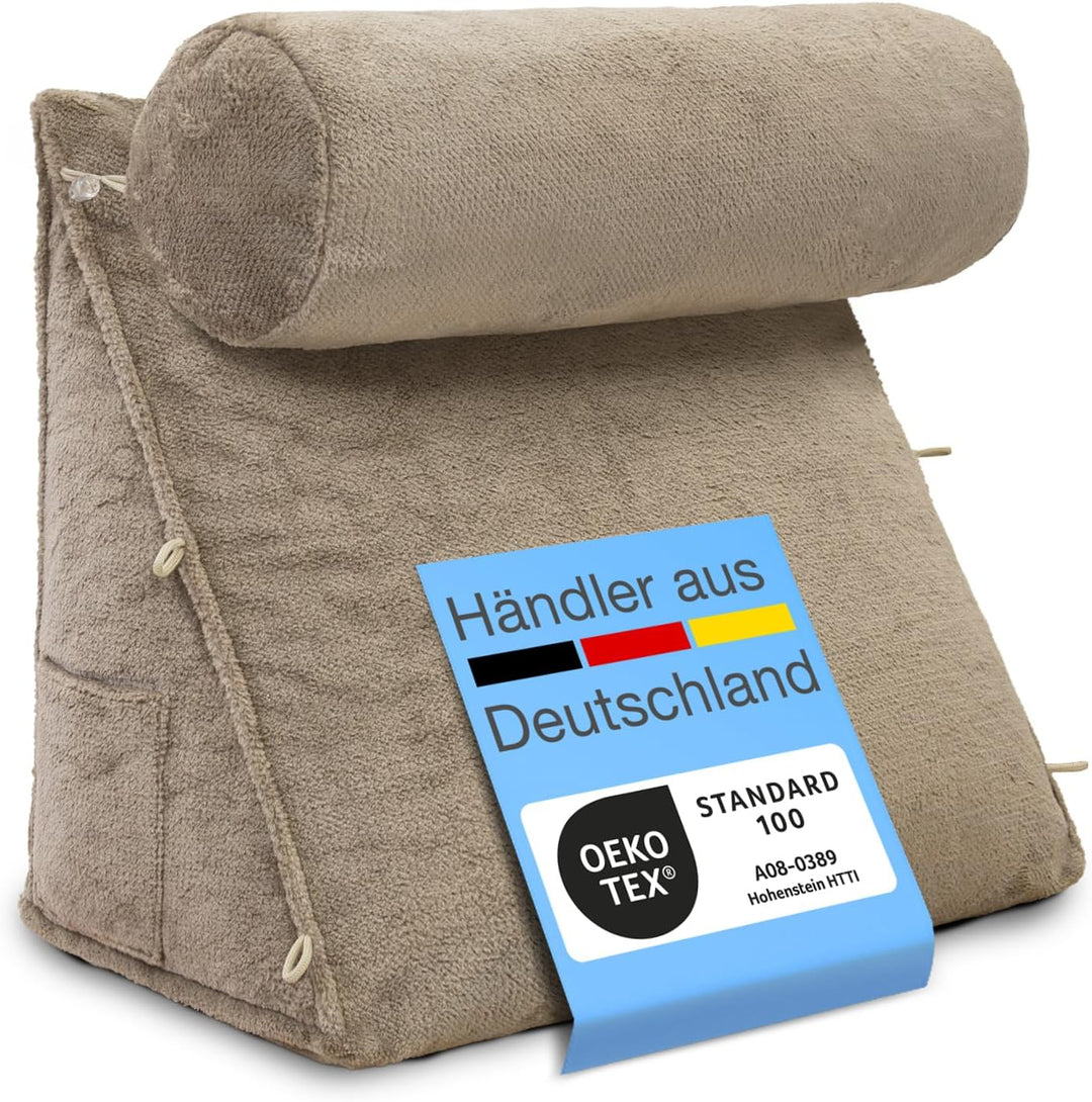 Rückenkissen Bett/Sofa mit Abnehmbarer Nackenrolle und Seitentasche, Rückenstützkissen mit Nackenkis