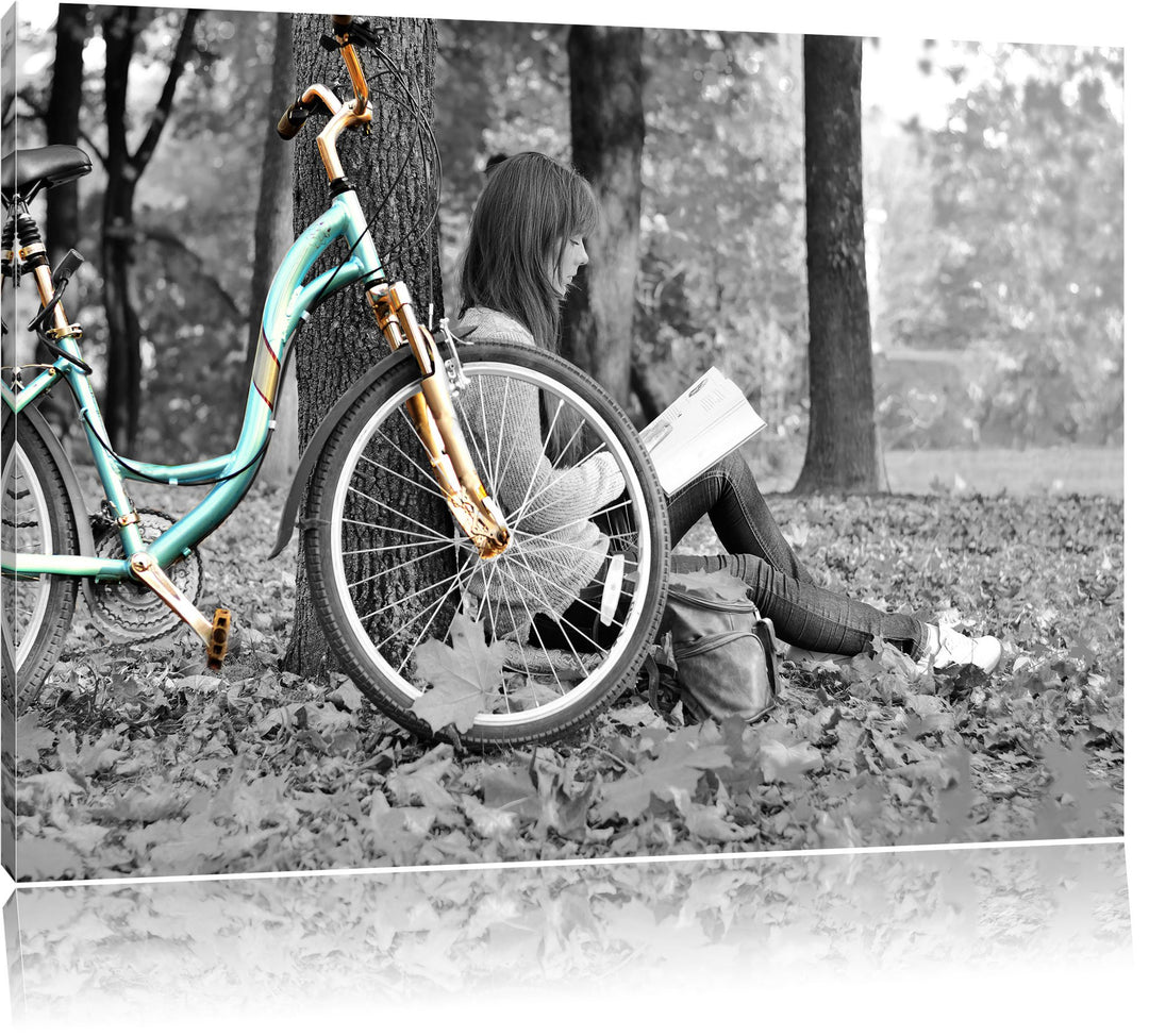 Junges Mädchen mit Fahrrad schwarz/weiss Format: 100x70 auf Leinwand, XXL riesige Bilder fertig gera