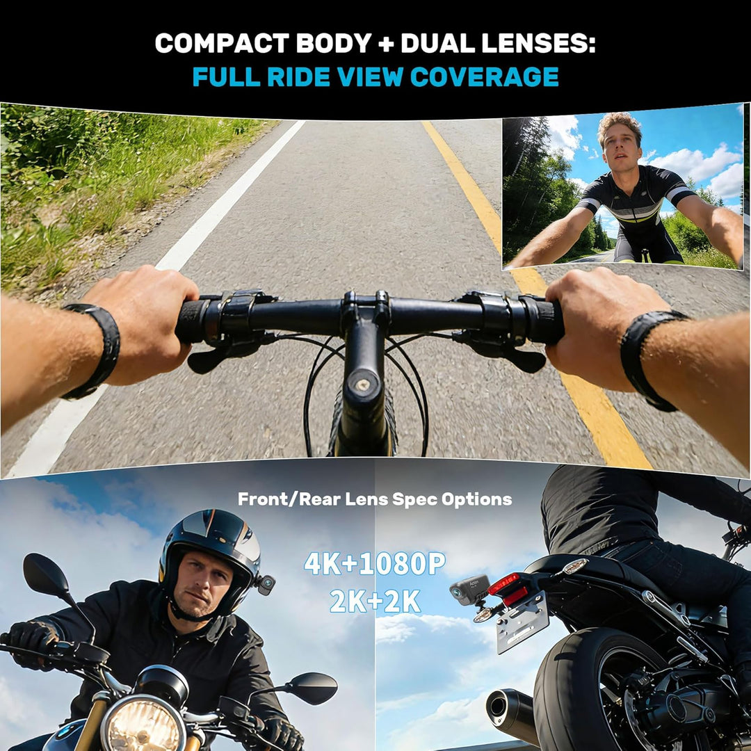 Dashcam Motorrad 4K+1080P,WiFi Dashcam Auto vorne hinten mit GPS,HDR,6 Stunden grosser Akku Action C