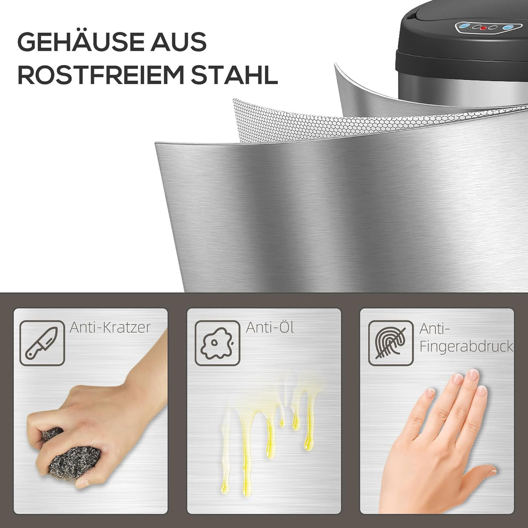 HOMCOM Mülleimer mit Sensor 50L Edelstahl Automatischer Leiser Mülleimer mit Soft-Close-Deckel, Bewe