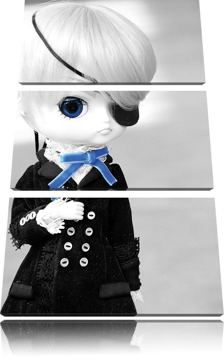Pixxprint hübsche verwegene Pullip-Puppe mit Augenklappe schwarz/weiss 3-Teiler Leinwandbild 120x80