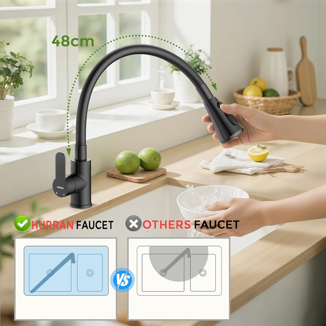 Hurran Flexibler Wasserhahn Küche mit 3 Sprühmodi, 360° Schwenkbare Küchenarmatur, Einhebelmischer a