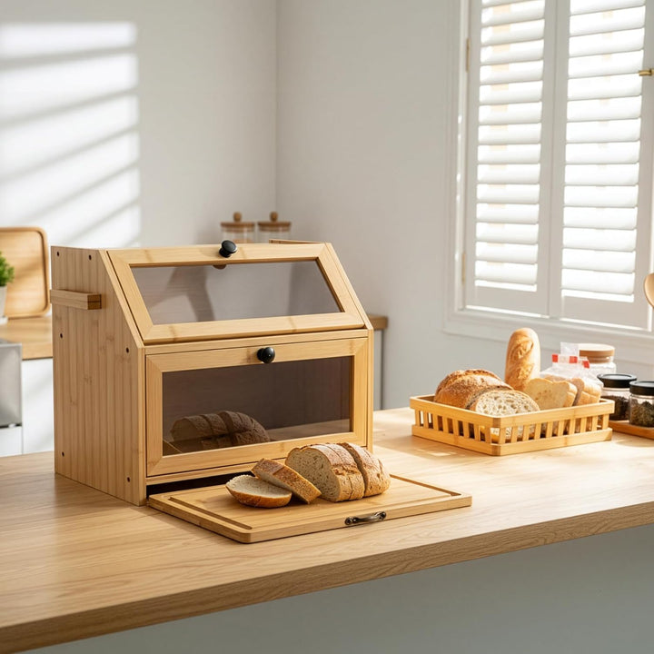 Brotkorb mit Schneidebrett Brotkasten Bambus Eco Brotbox Aufbewahrungsbox Küche Brotaufbewahrung Bro