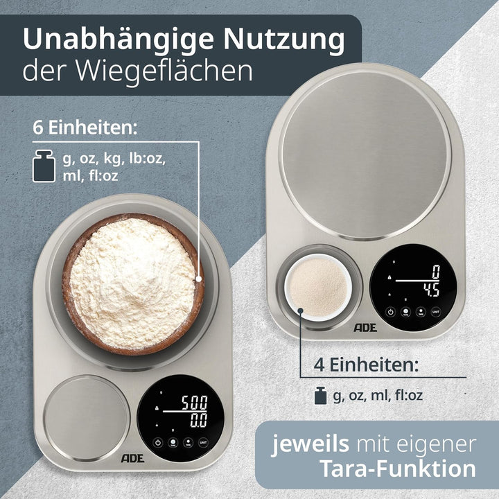 ADE Küchenwaage digital mit 2 Plattformen 5kg/1g & 500g/0,1g | duale Präzisionswaage auf 0,1g genau