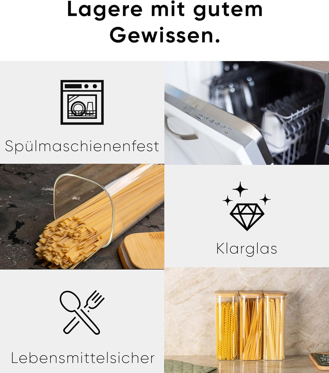 Deco haus® Spaghetti Aufbewahrung 3er Set Eckig - Vorratsgläser mit Deckel + Etiketten [LUFTDICHT] -