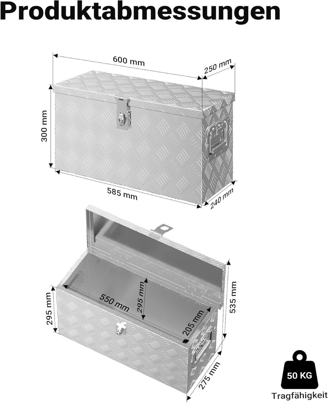 XPOtool Alu Kiste mit Deckelüberstand 60x25x30cm Truckbox aus Aluminium Werkzeugbox mit 2 Schlüsseln