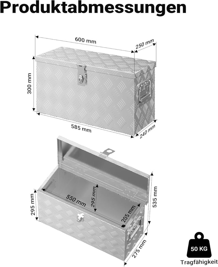 XPOtool Alu Kiste mit Deckelüberstand 60x25x30cm Truckbox aus Aluminium Werkzeugbox mit 2 Schlüsseln