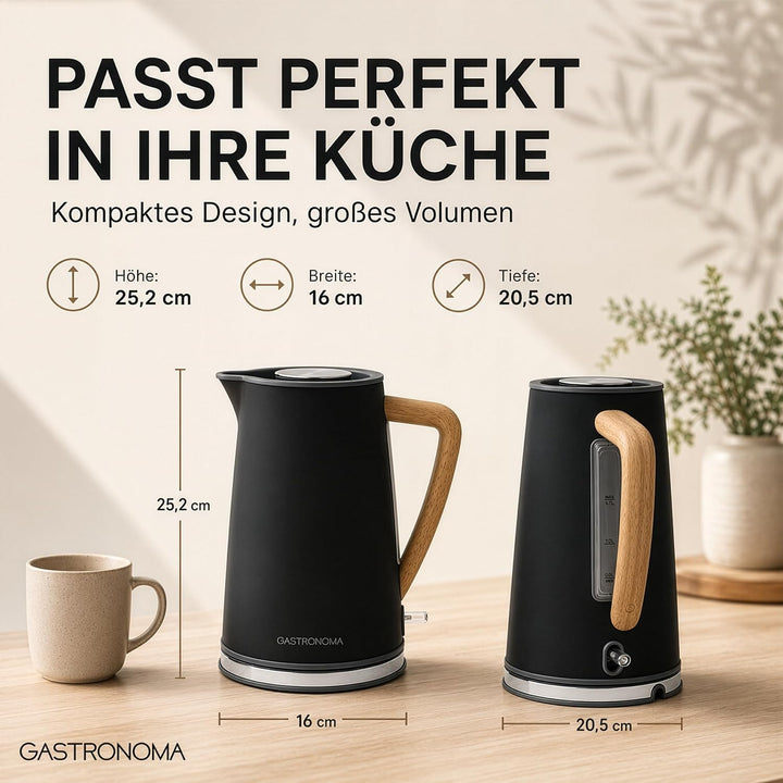 Gastronoma Wasserkocher Edelstahl 1,7 L - Kettle mit Kalkfilter - Schwarz | 2200 W - 360° Pirouetteb