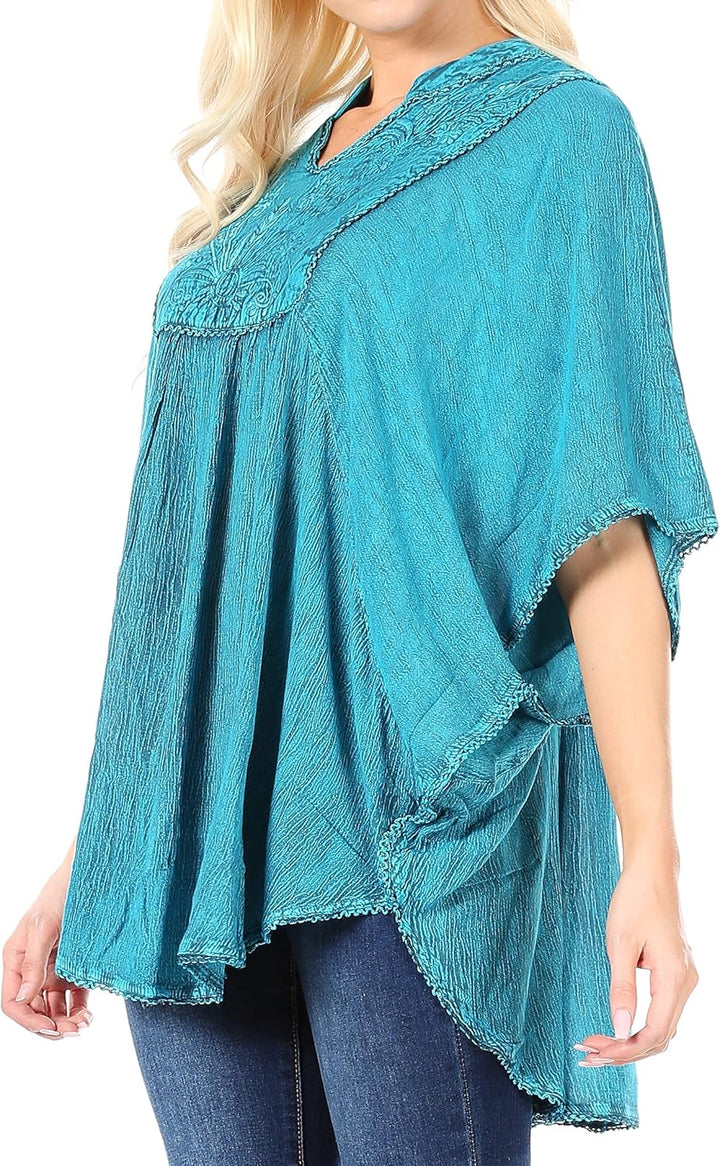 Sakkas Amori V-Ausschnitt Stickerei Poncho Top/vertuschen, Einheitsgrösse A-türkis