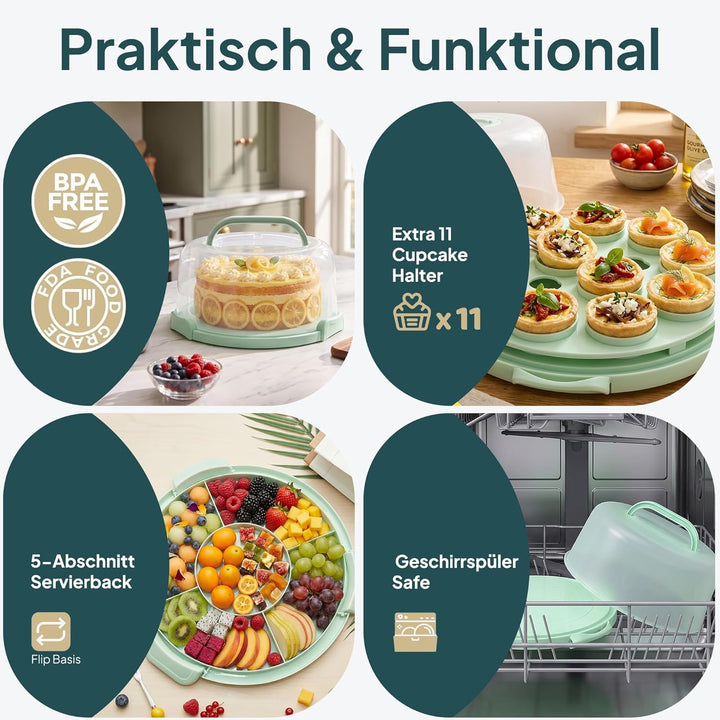 uandu Kuchen Transportbox rund, Tortentransportbox mit Deckel, Haube und Griff. Aufbewahrungsbox, Ku