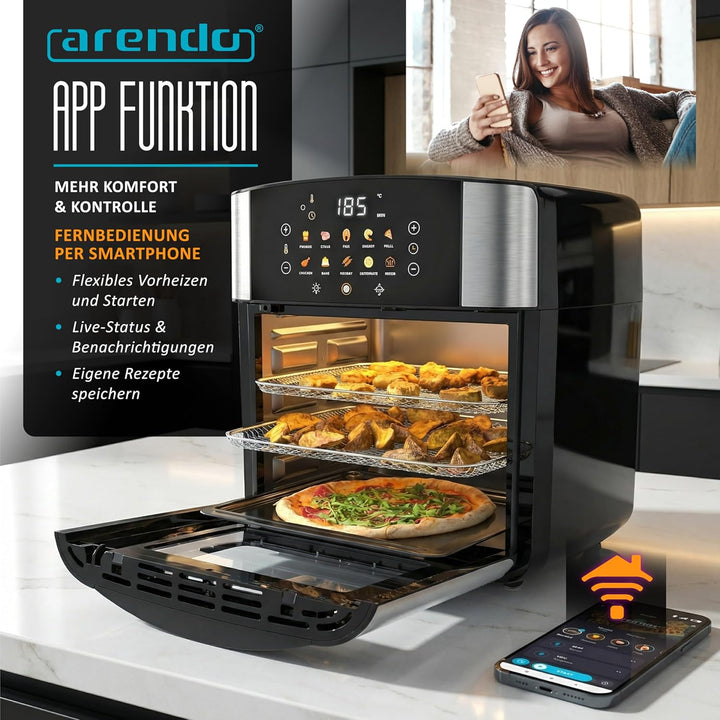 Arendo - Wlan Heissluftfritteuse XXL 16 Liter - Smart WiFi mit App - extra Gross 16 Liter - Backofen