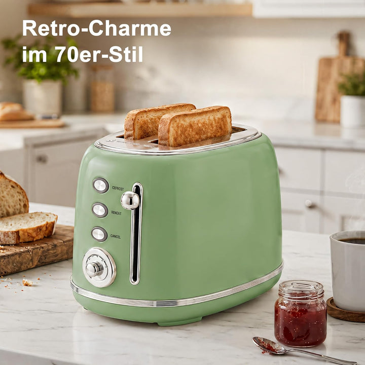Retro Toaster 2 Scheiben Edelstahl – Brötchenaufsatz, 6 Röststufen, Vorheiz- und Auftaufunktion, Abs