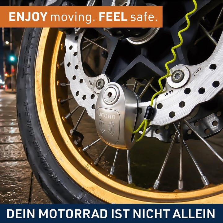 URBAN UR910S Motorrad Bremsscheibenschloss mit Alarm 120 dB + Erinnerungskabel 140cm, Doppelverriege