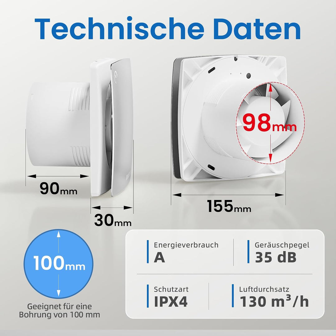 100mm Badlüfter mit Nachlauf Leiser IPX4 - Silber Silber mit Timer-Silber, Silber mit Timer-Silber