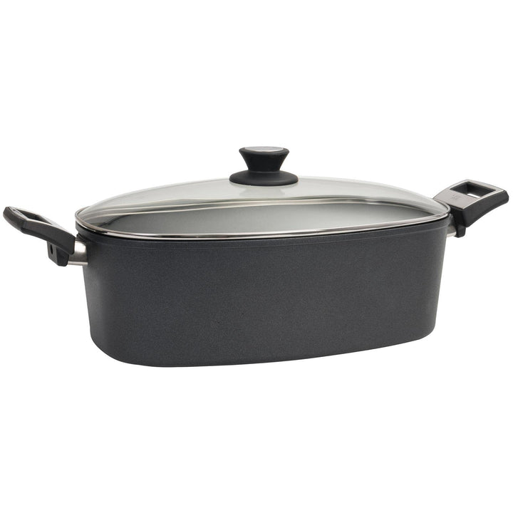 SKK grosser Antihaft Gussbräter 40x24 cm - ohne Induktion - rechteckiger Aluguss Bräter mit Glasdeck