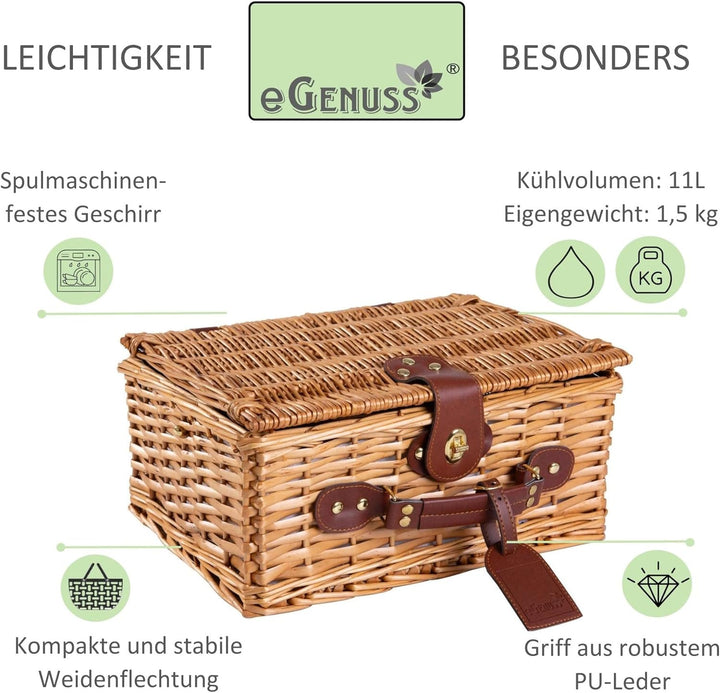 eGenuss Handgefertigtes Picknickkorb für 2 Personen mit Kühlfach, Multifunktionsmesser, Edelstahlbes