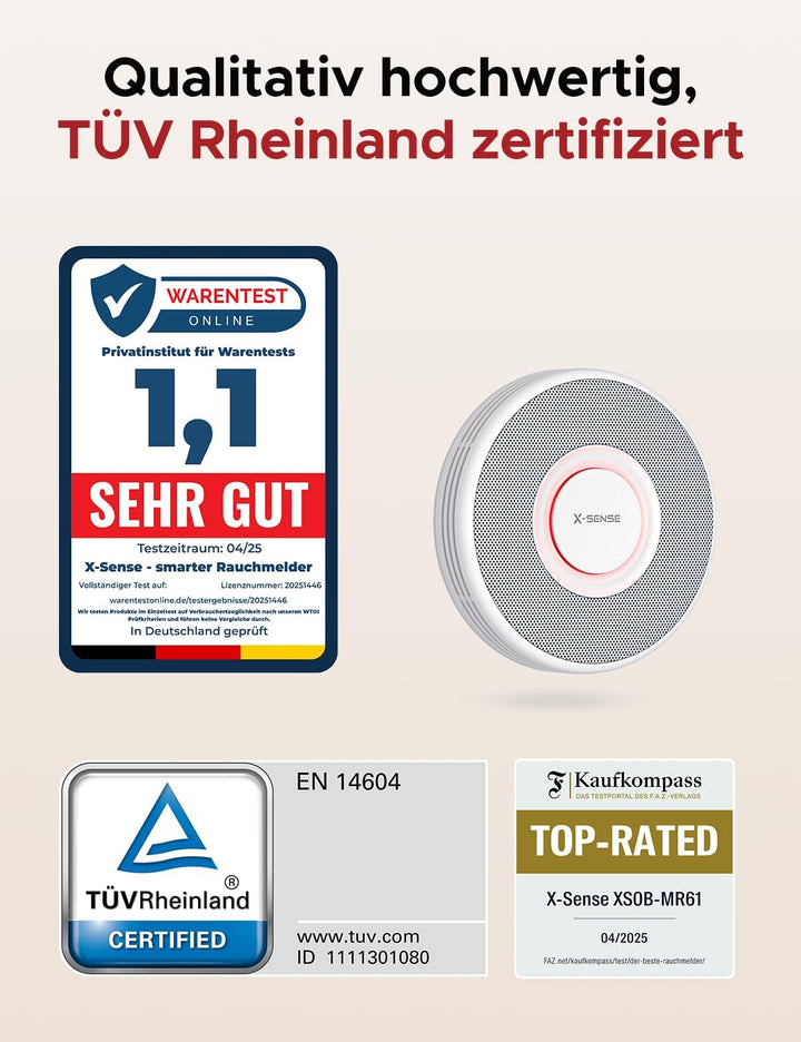 X-Sense Smarter Rauchmelder WLAN mit Sprachausgabe und 17 Standorten, Feuermelder, Rauchmelder verne