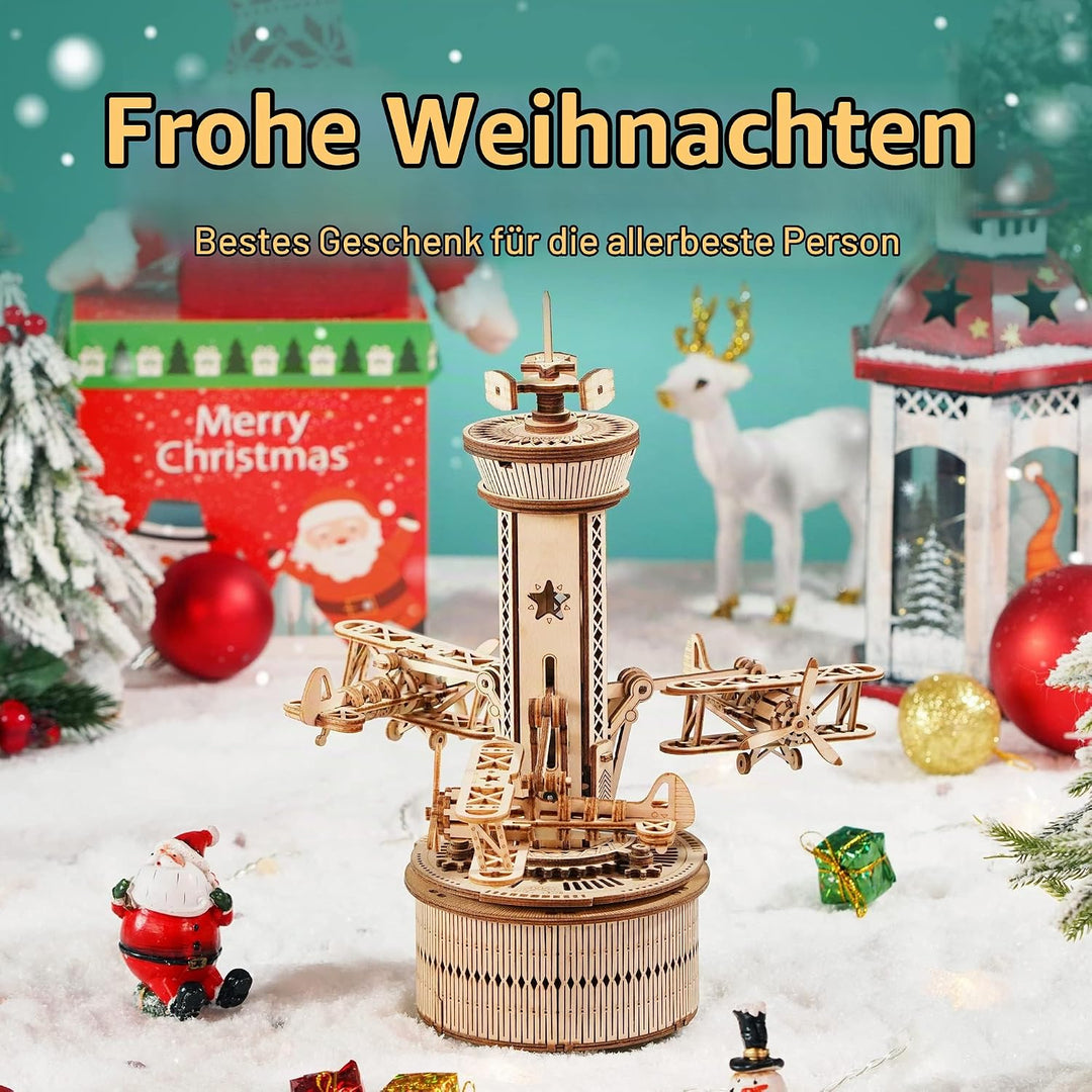 Robotime 3D Holzpuzzle Spieluhr Modellbausatz Mechanische Flugkontrollturm Holz Bastelset für Kinder