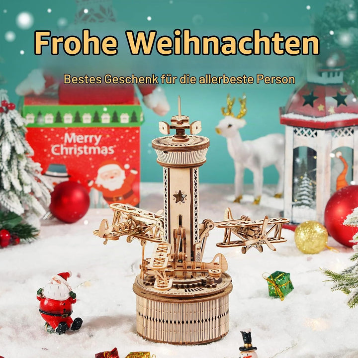 Robotime 3D Holzpuzzle Spieluhr Modellbausatz Mechanische Flugkontrollturm Holz Bastelset für Kinder