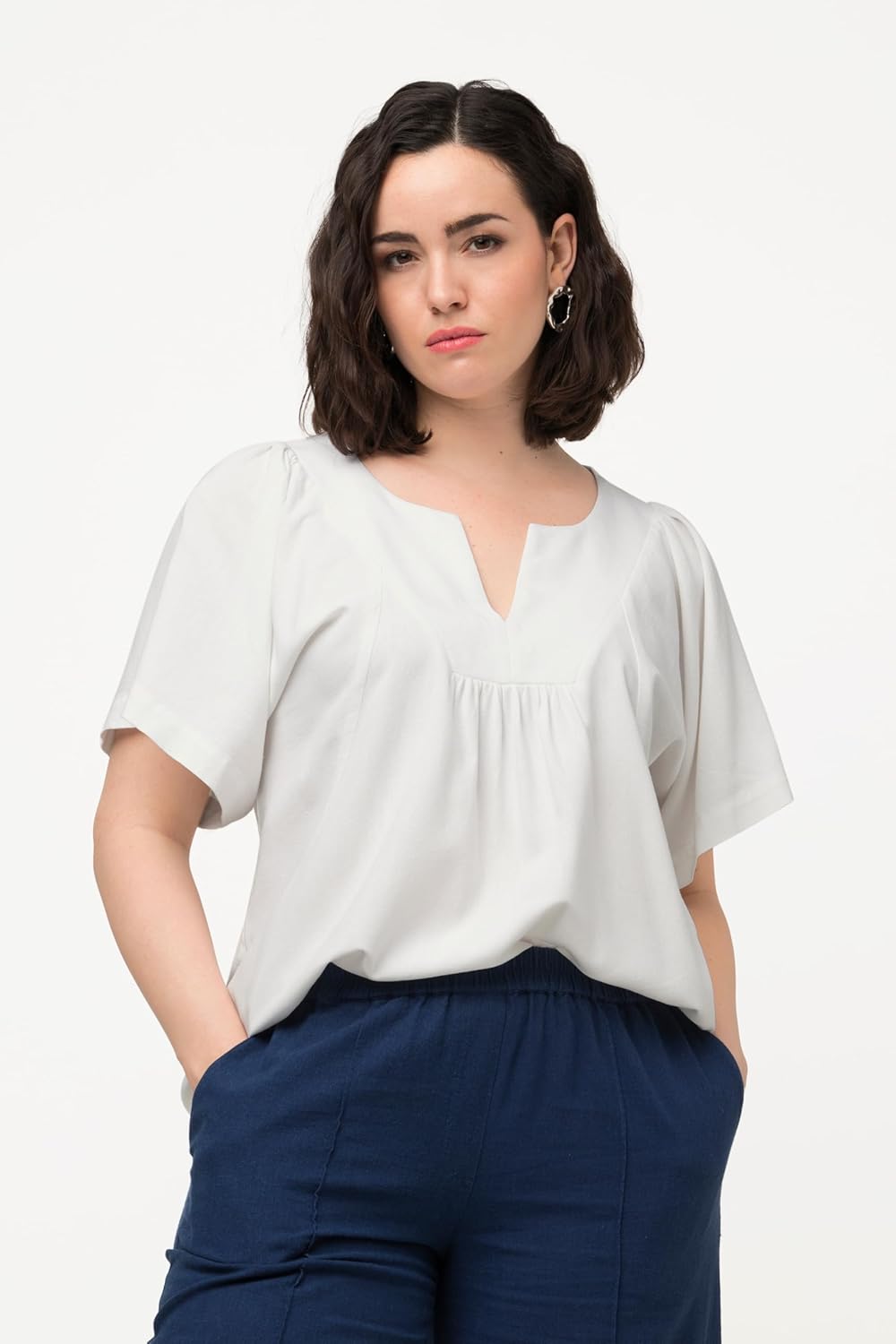 Ulla Popken Damen Tunika, Leinenmix, A-Linie, Tunika-Ausschnitt, Halbarm Bluse (1er Pack) 42 Offwhit