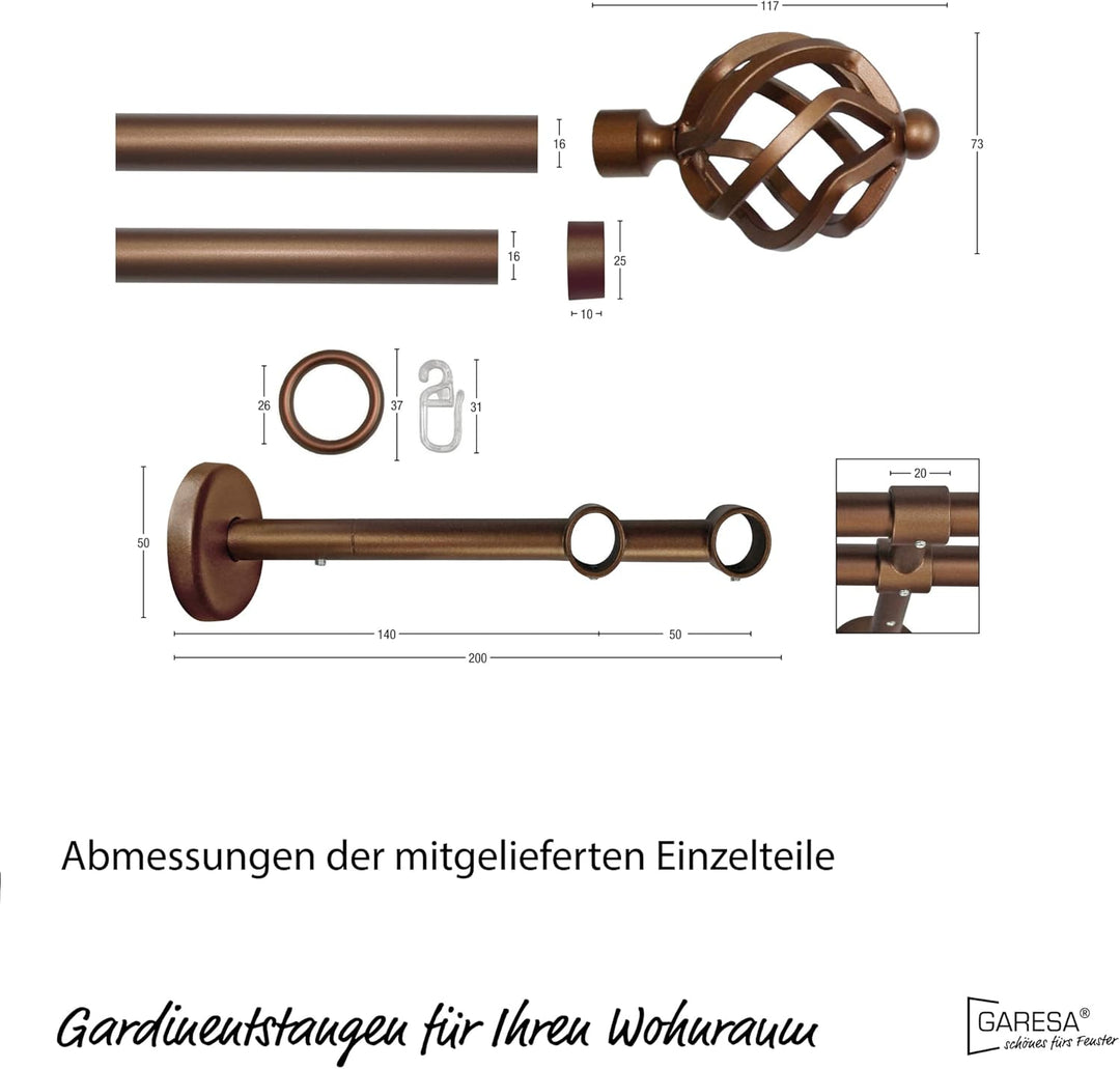 Garesa Gardinenstange Rustika Ø 16mm, 2-läufig, Bronze I Rustikale Vorhangstange aus Metall inkl. Ri