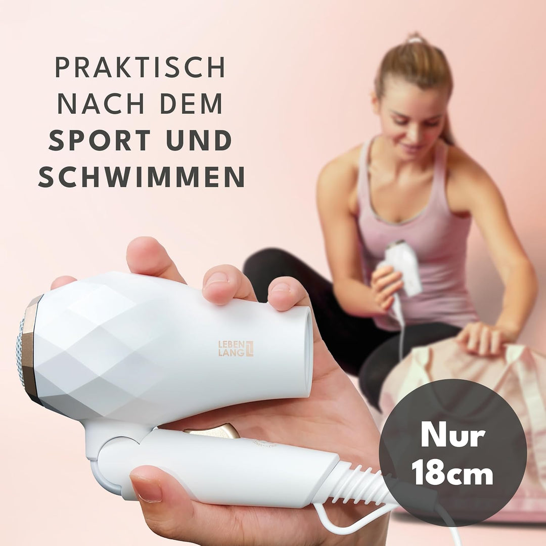 LEBENLANG Reisefön klappbar klein - Duale Spannung & Inkl. Reisetasche mit Stylingdüse I Reise Föhn