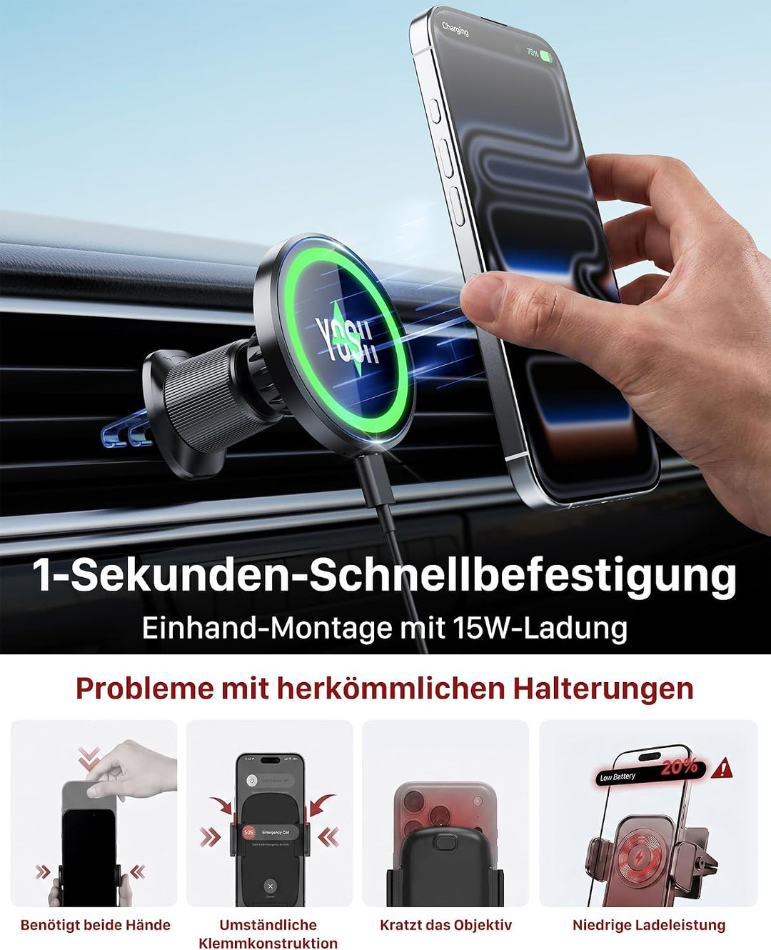YOSH für Magsafe Autohalterung mit Ladefunktion 15W, [verlängerter Metall-Doppelhaken &amp; N56 Magnete]