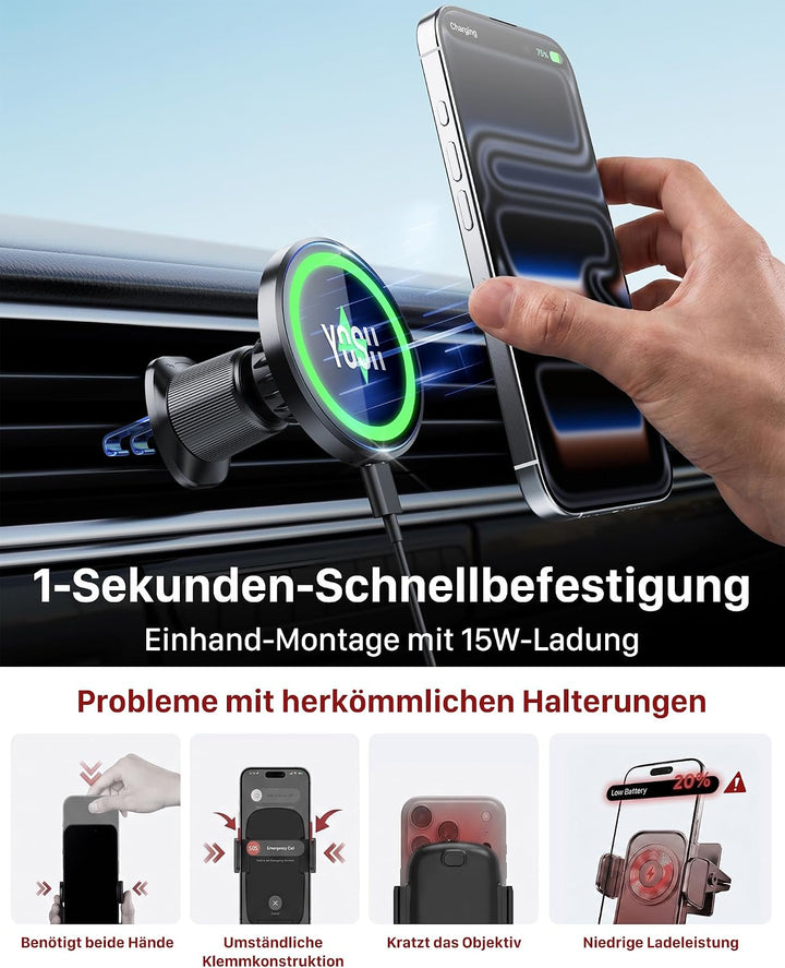 YOSH für Magsafe Autohalterung mit 60W Autoladegerät, [verlängerter Metall-Doppelhaken &amp; N56 Magnete
