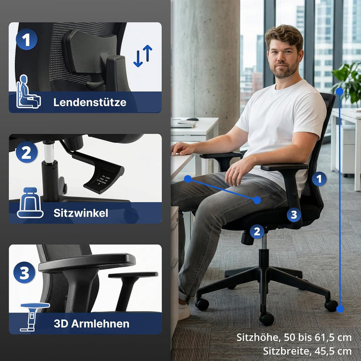 Backerz Bürostuhl Ergonomisch, Schreibtischstuhl mit Verstellbarer Lendenstütze, Büro Stuhl &amp; Drehst