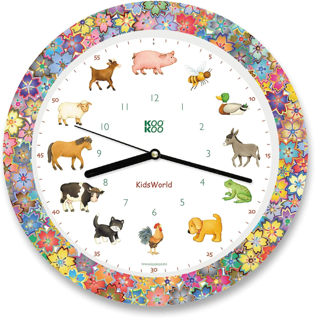 KOOKOO KidsWorld Garden Love, Bauernhofuhr mit 12 echten Tierstimmen vom Land, Quarzwerk, 34cm