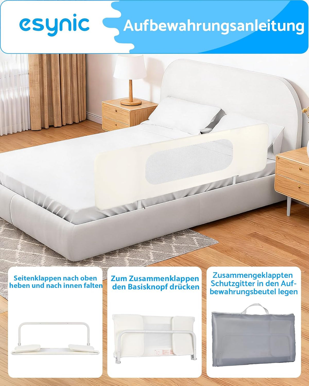 eSynic Tragbares Bettschutzgitter 150 cm Cremeweiss Bettgitter Mobiler Rausfallschutz für Kinder & K