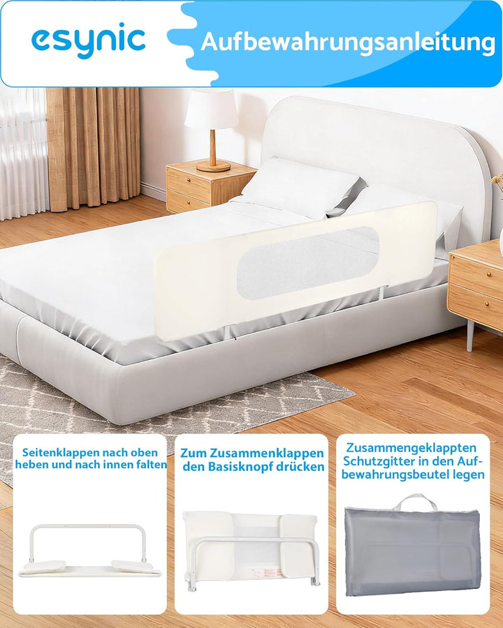 eSynic Tragbares Bettschutzgitter 150 cm Cremeweiss Bettgitter Mobiler Rausfallschutz für Kinder & K