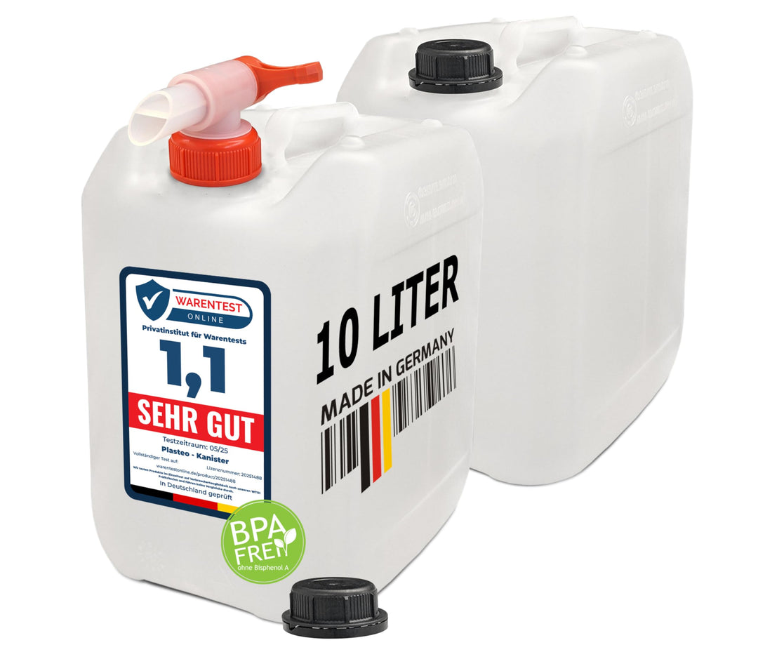 plasteo® 10L Getränke- Wasserkanister Natur | Lebensmittelecht | Hergestellt in DE | UN-Zulassung |