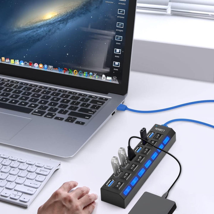 LOBKIN USB Hub 7-Port,Tragbar USB 3.0 Hub mit Einzelnen LED-Netzschaltern fur Laptop, PC, MacBook un