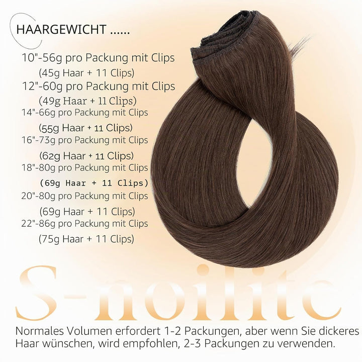 S-noilite Clip in Extensions Echthaar Dunkelbraun 25cm 56g Extensions Clip in Echthaar Haarverlänger