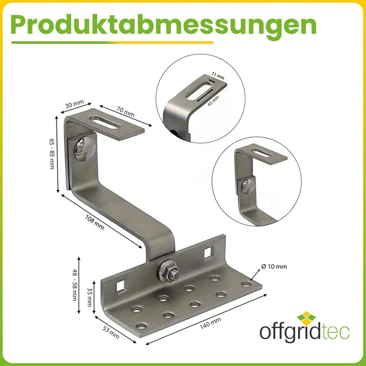 10 Stk. Offgridtec© Edelstahl Dachhaken 3-fach verstellbar Dachziegel Frankfurter Pfanne, 10 Stk.