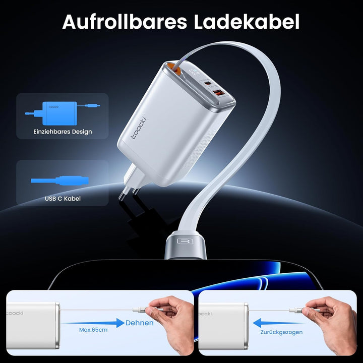 toocki USB C Ladegerät, 3Port GaN Mehrfach Ladegerät mit Schnell Einziehbares Ladekabel,67W USB C Ne