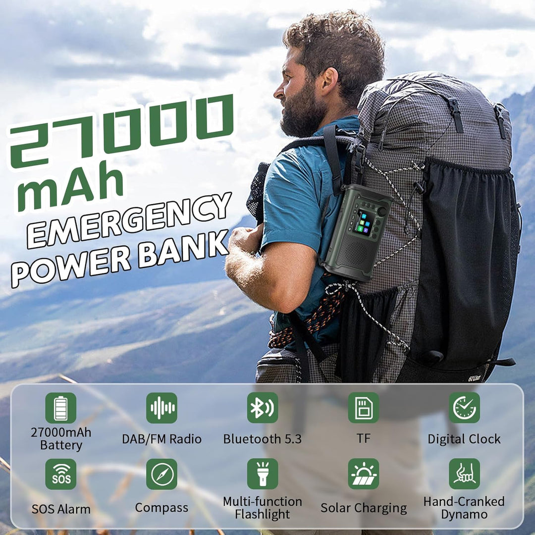 27000mAh DAB+/FM Notfallradio mit Powerbank – Tragbares Solar- & Kurbelradio mit Bluetooth 5.3, SOS,