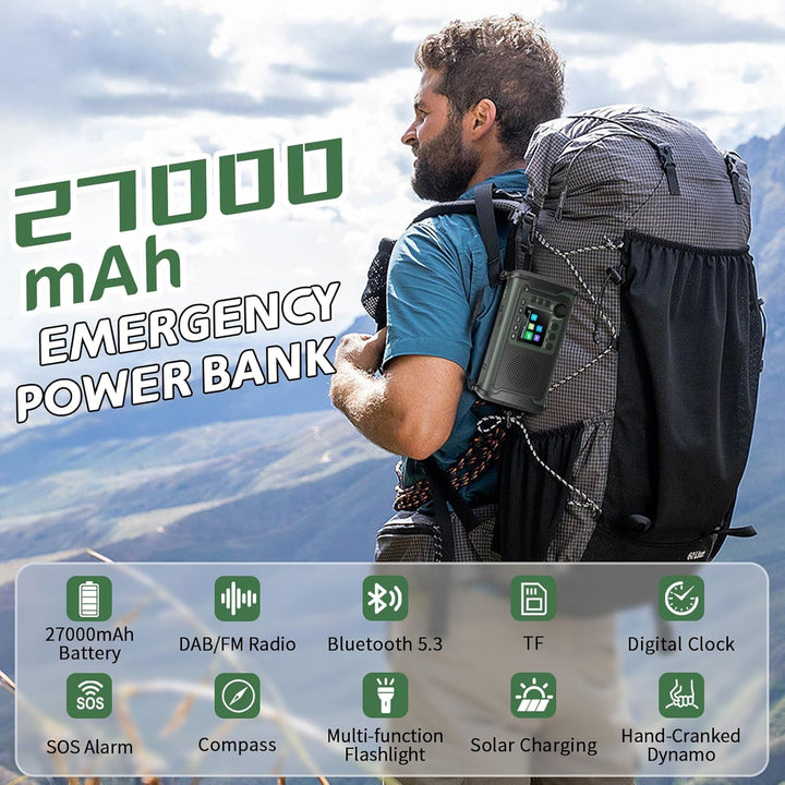 27000mAh DAB+/FM Notfallradio mit Powerbank – Tragbares Solar- & Kurbelradio mit Bluetooth 5.3, SOS,