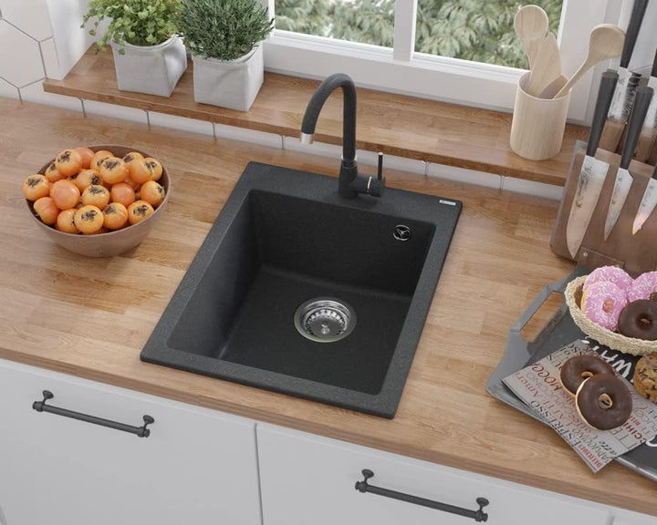 GRANMASTER Ivo Granitspüle 1 Becken mit Armatur und Siphon - Spülbecken Arbeitsplatte Küche Waschbec