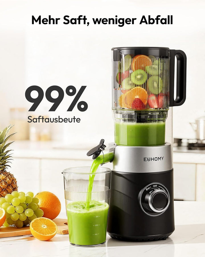 EUHOMY Entsafter, Slow Juicer für Ganze Gemüse und Obst, 135 mm grossem Einfüllschacht 1,8 L Füllvol