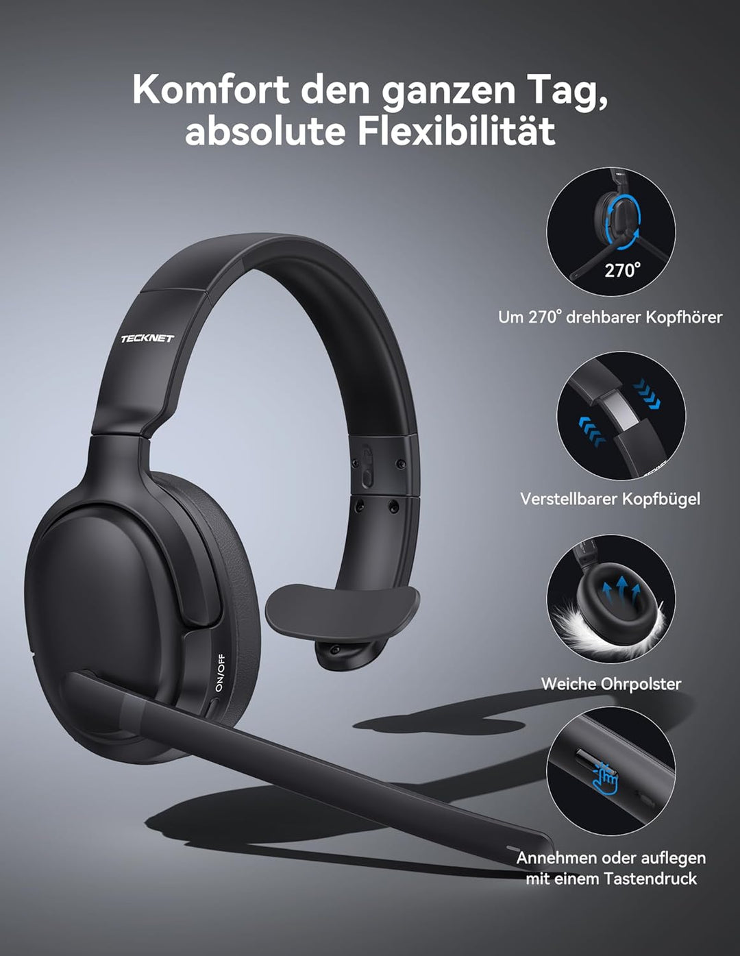 TECKNET Bluetooth Headset mit Mikrofon, kopfhörer kabellos mit BT5.4 Technologie, Mono/Stereo 2-in-1