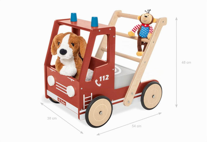 PINOLINO Lauflernwagen Feuerwehrauto Fred, mit Bremssystem, gummierten Holzrädern und herausnehmbare