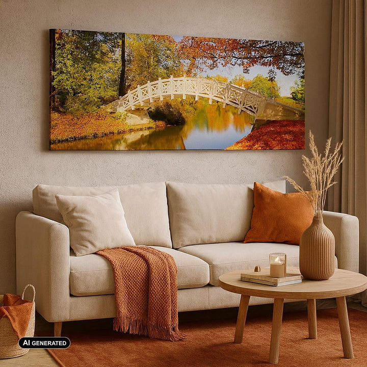 Wandbilder Dekoration Wohnzimmer Stream Fussgängerbrücke Herbst Panorama Bilder auf Leinwand 120x50c