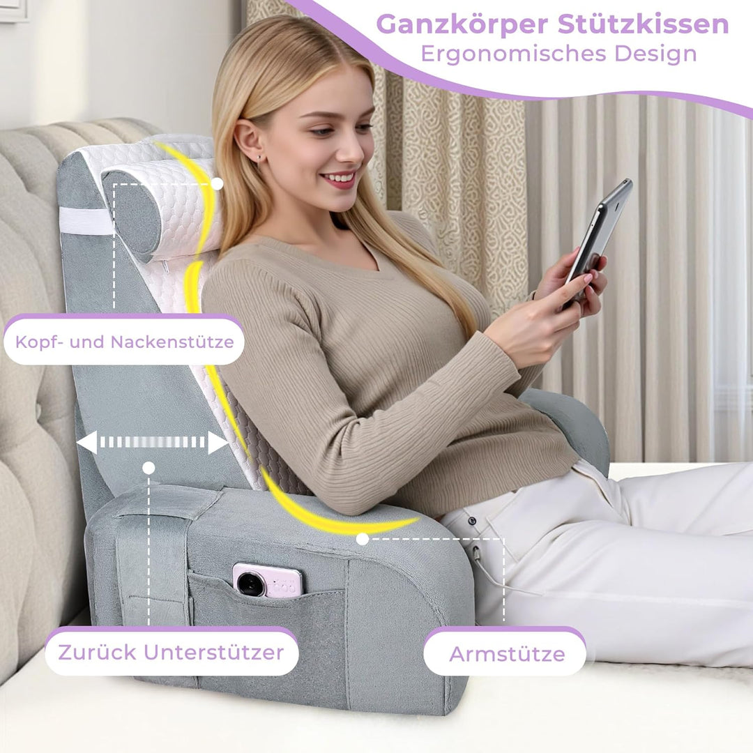 Babenest Gross Lesekissen Bett mit Abnehmbarer Nackenrolle &amp; Armlehne, Ergonomisches Rückenkissen Ko