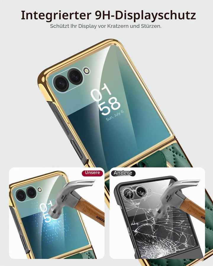 Miimall Lederhülle Kompatibel mit Samsung Galaxy Z Flip 7 Hülle mit Ring Ständer &amp; Kameraschutz [Lux