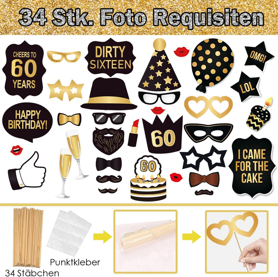 60. Geburtstag Foto Requisiten 34 STK. Lustige Fotobox Accessoires Aufblasbarer Bilderrahmen Geburts