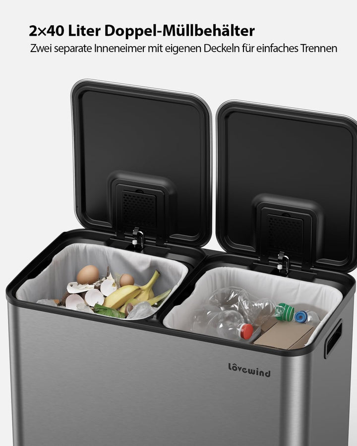 lovewind Mülleimer, 2 x 40L Mülleimer Küche, Doppeleimer für Recycling und Abfall, Silber, Mülleimer