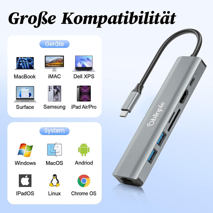 7 in 1 USB C Hub, Multiport Ethernet Adapter mit 4K HDMI, PD 100W, LAN RJ45, USB 3.0 5Gbps, USB 2.0